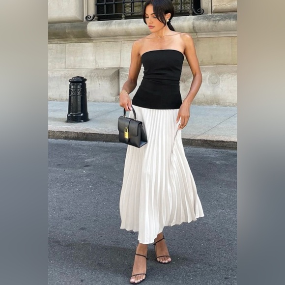 Commense Sleeveless Pleated Skirt Long Bandeau Dress Black and White Size M NEW - Picture 6 of 11